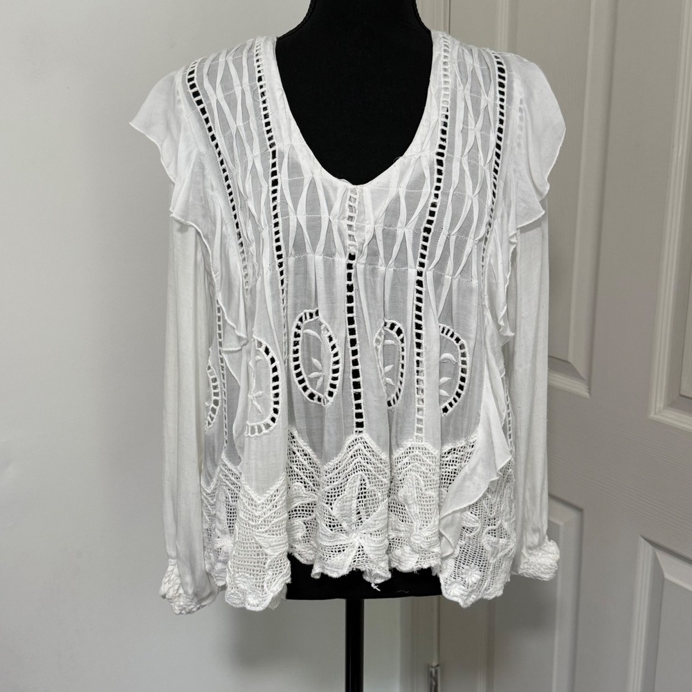 Vintage Boho Peasant Blouse Womens White Crochet Lace Sheer Fairy Romantic Top